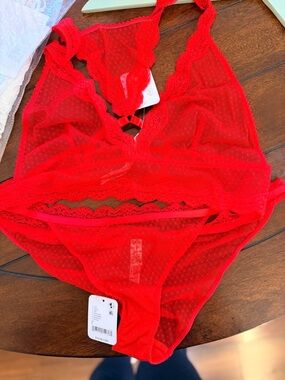 Free people Sheer Red Lace Bralette panty set